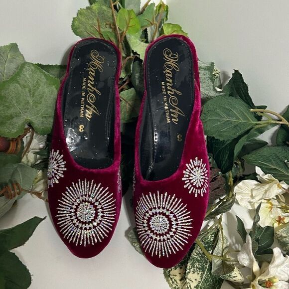Hanh An Mule Slippers Womens Size 3 Burgundy Glittered Velvet Wedge Heel Slip-on - Picture 4 of 9